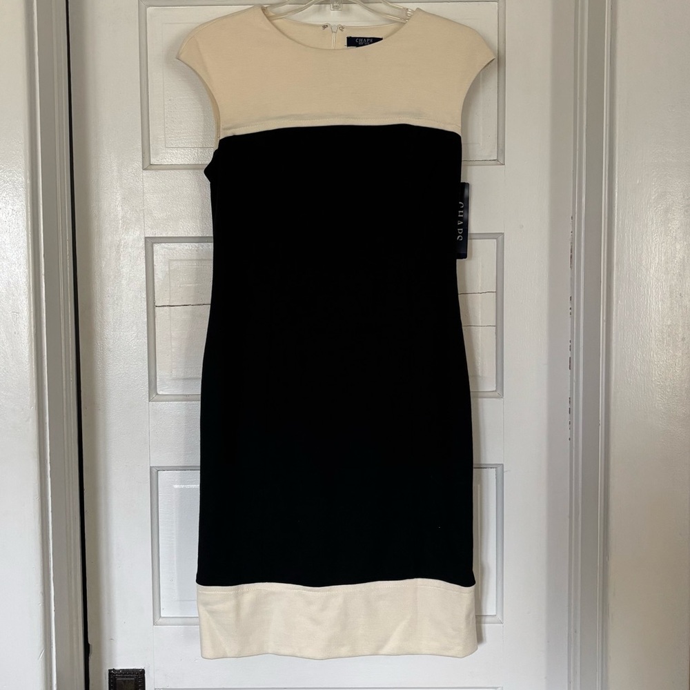 NWT Chaps Black & Cream Cap-Sleeve Sheath Dress
